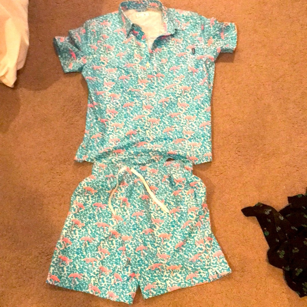 Chubbies “Domingos Are For Flamingos” matching polo and swim set